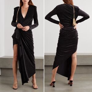 REDEMPTION Cindy Gathered Wrap Draped High Slit Velvet Glitter Dress Bla…